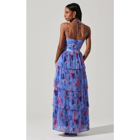 ASTR The Label Daytona Pleated Floral Maxi Dress Periwinkle Pink Medium - Picture 3 of 9